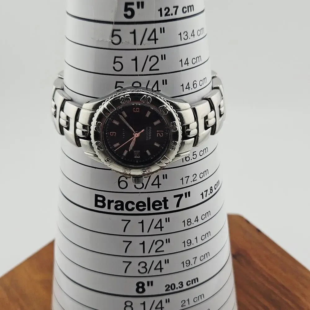 Fossil Watch Silver Tone Boyfriend Style Blue Date Dial Stainless Steel FS-2596
